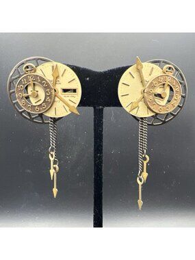 Vintage Steampunk Brass 3D Clock Post Earrings 3" Long
